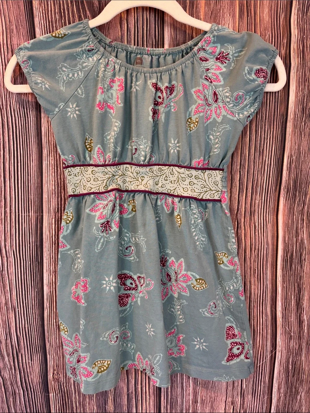 Tea Collection Blue Floral Cotton Dress with Pink and Gold Accents